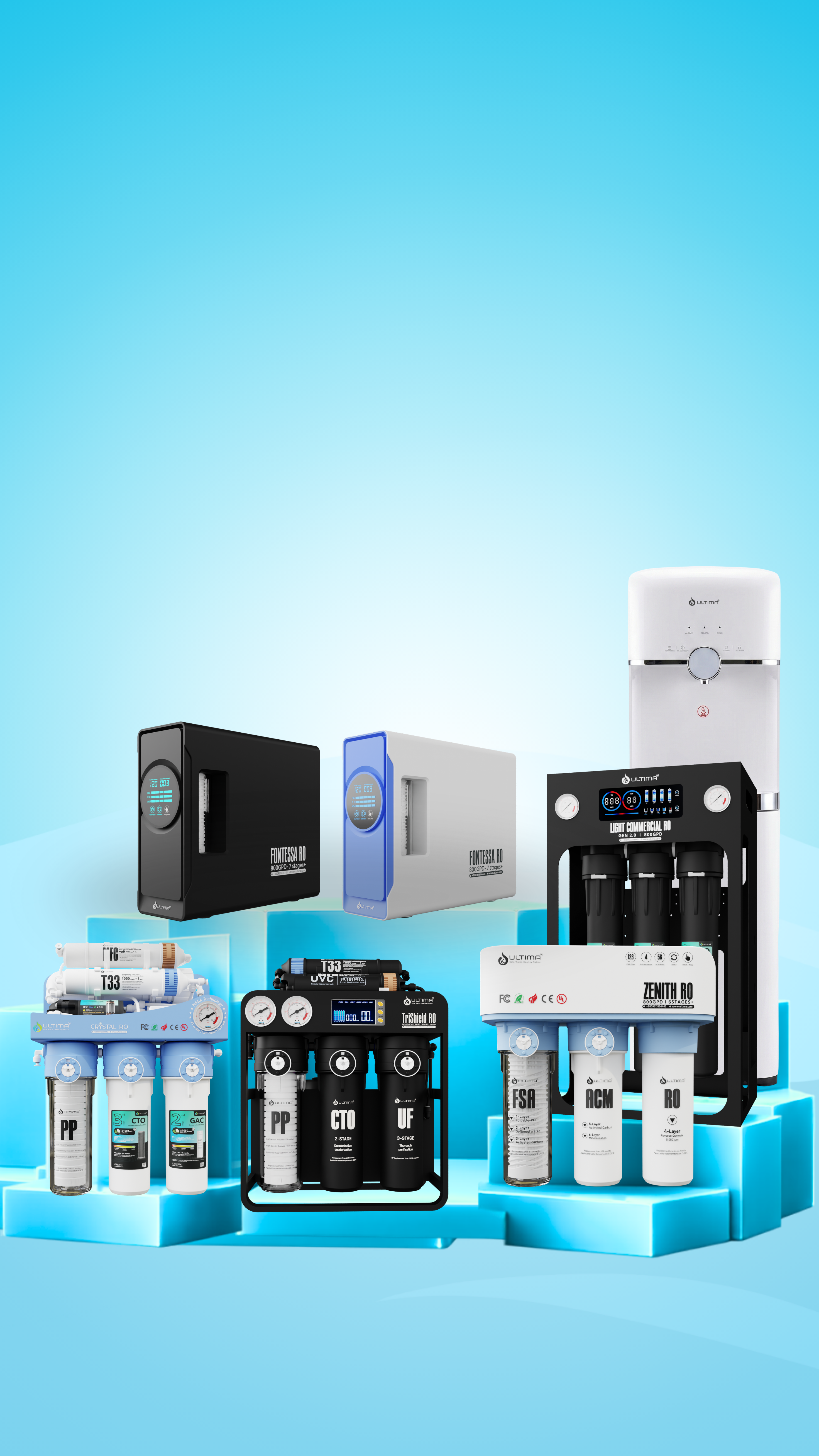 The Ultima lineup on display: Light Commercial RO, Crystal RO, TriShield RO, Zenith RO, both Fontessa RO finishes and the free-standing dispenser